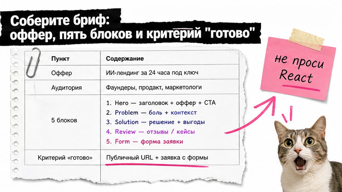 Таблица брифа лендинга: оффер, пять блоков и критерий готово