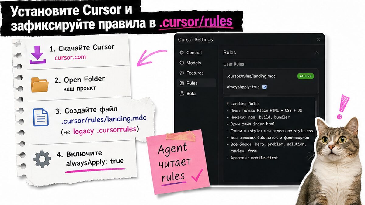 Схема: установка Cursor и правила в .cursor/rules для Agent Mode