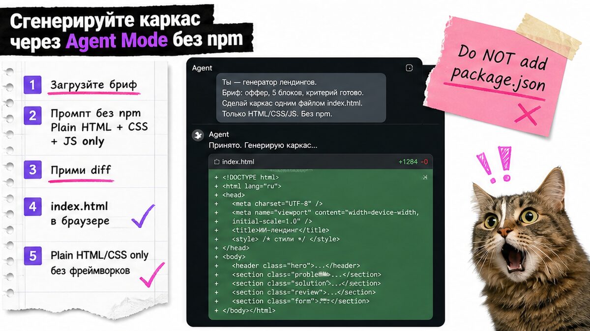 Чеклист: каркас лендинга через Agent Mode без npm и React
