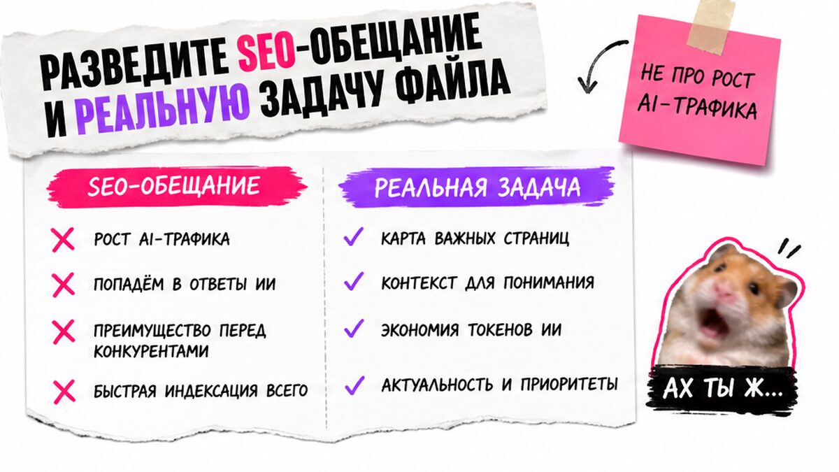 Сравнение SEO-мифов и реальной задачи llms.txt как карты важных страниц