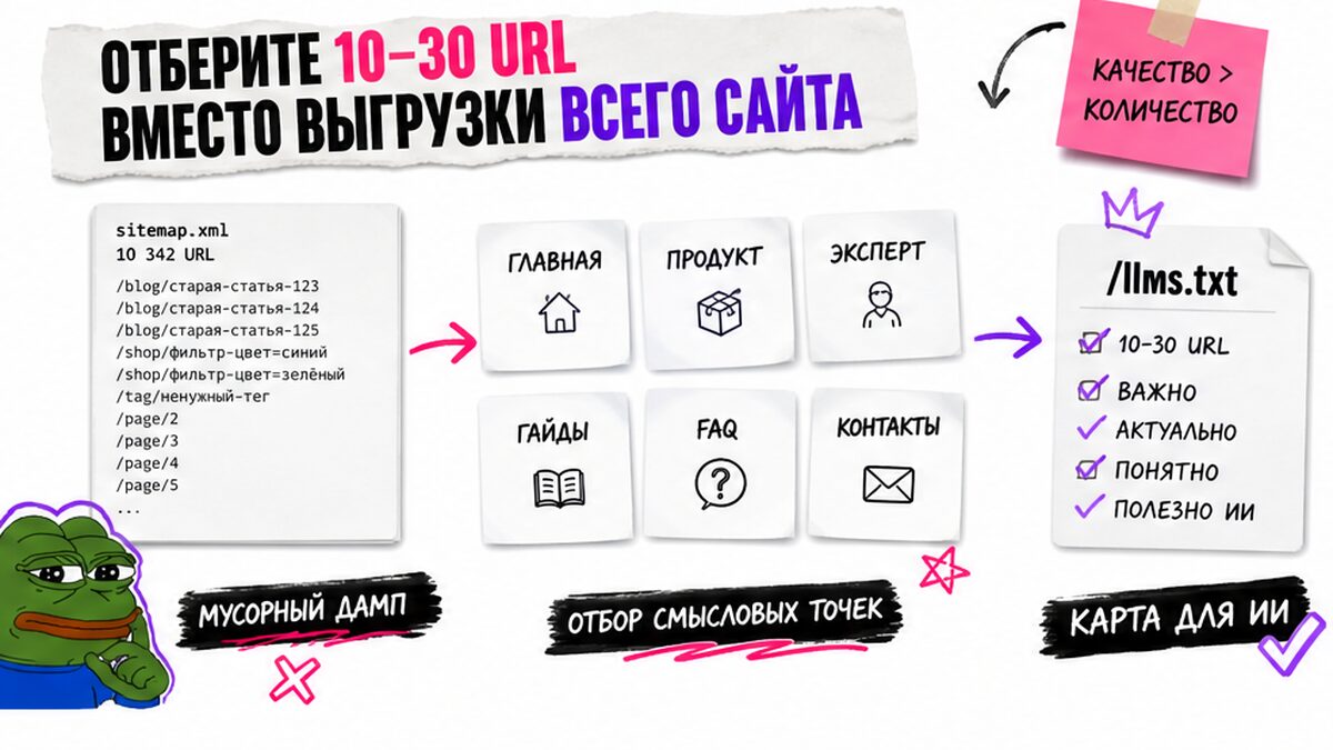 Workflow отбора 10-30 важных URL для файла llms.txt вместо выгрузки всего сайта