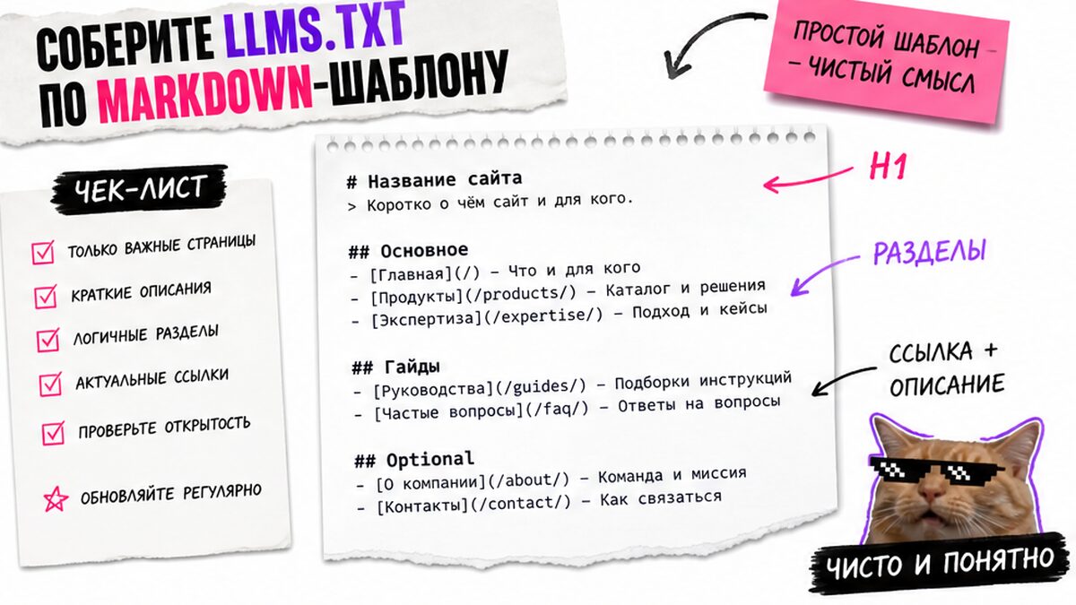 Чеклист Markdown-шаблона llms.txt с разделами, ссылками и проверкой публикации