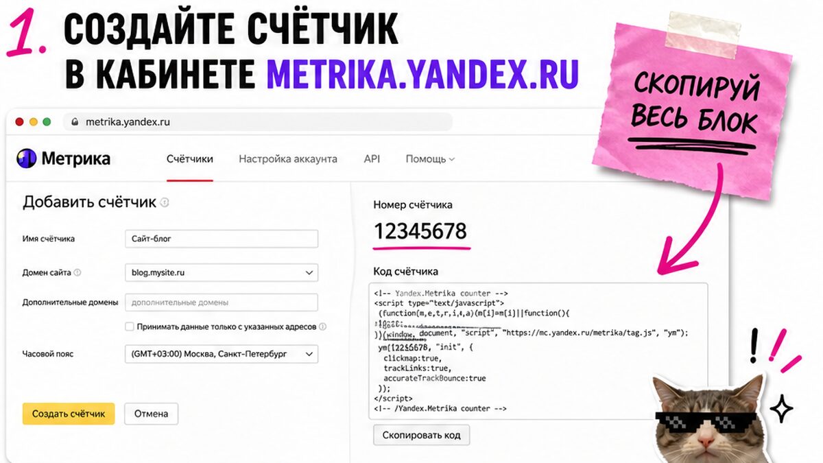 Скриншот кабинета metrika.yandex.ru: создание счётчика и копирование кода