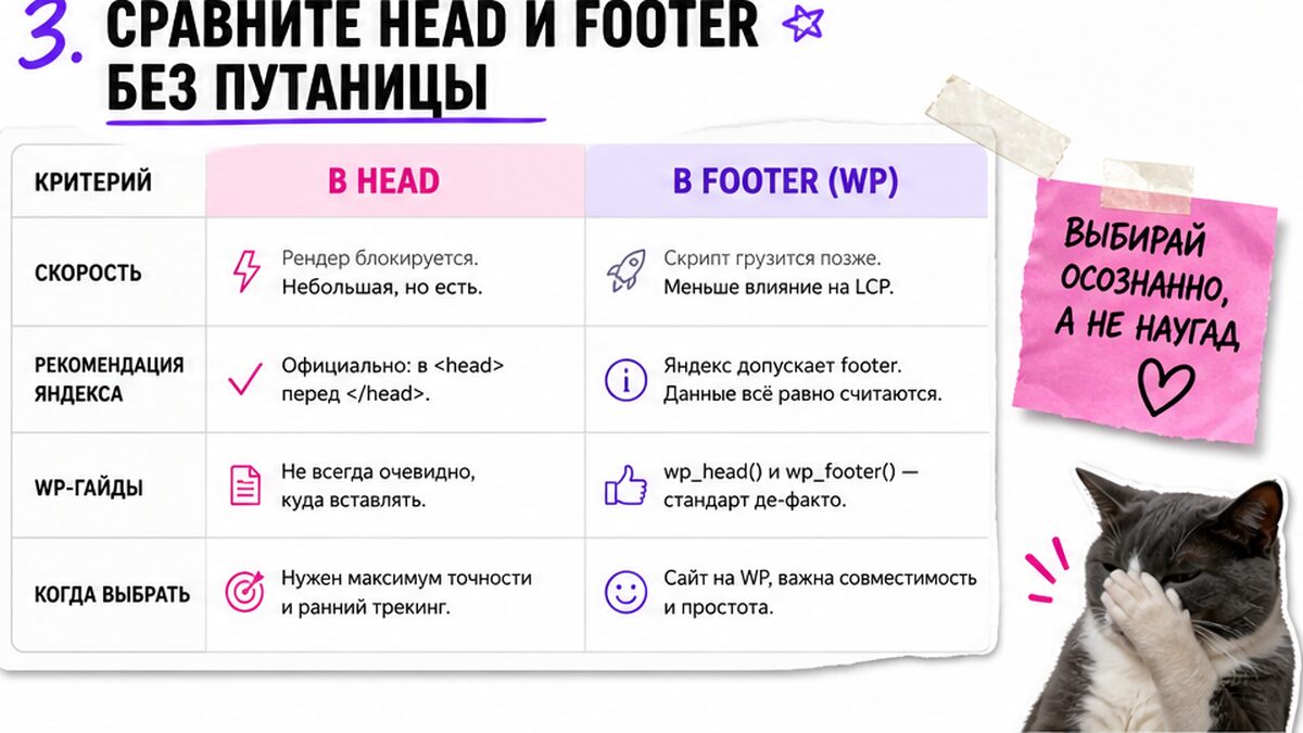 Сравнение: код Метрики в head и в footer — критерии для лендинга из Cursor