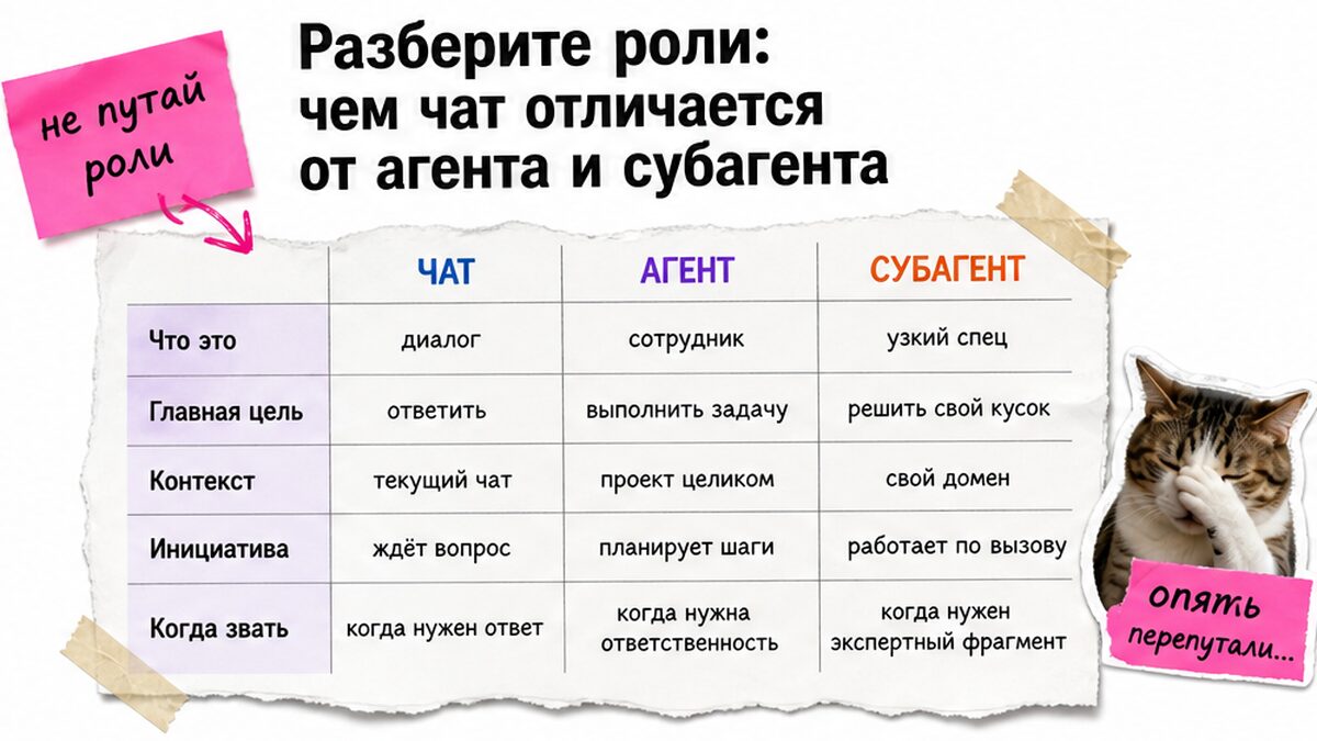 Сравнительная таблица: чат, агент и субагент — роли и когда звать кого