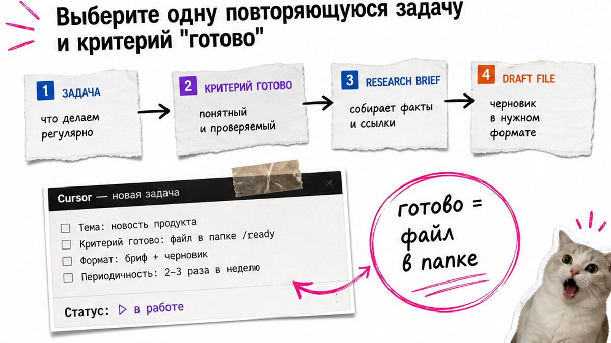 Схема: одна задача, критерий готово, brief и draft-файл в папке проекта
