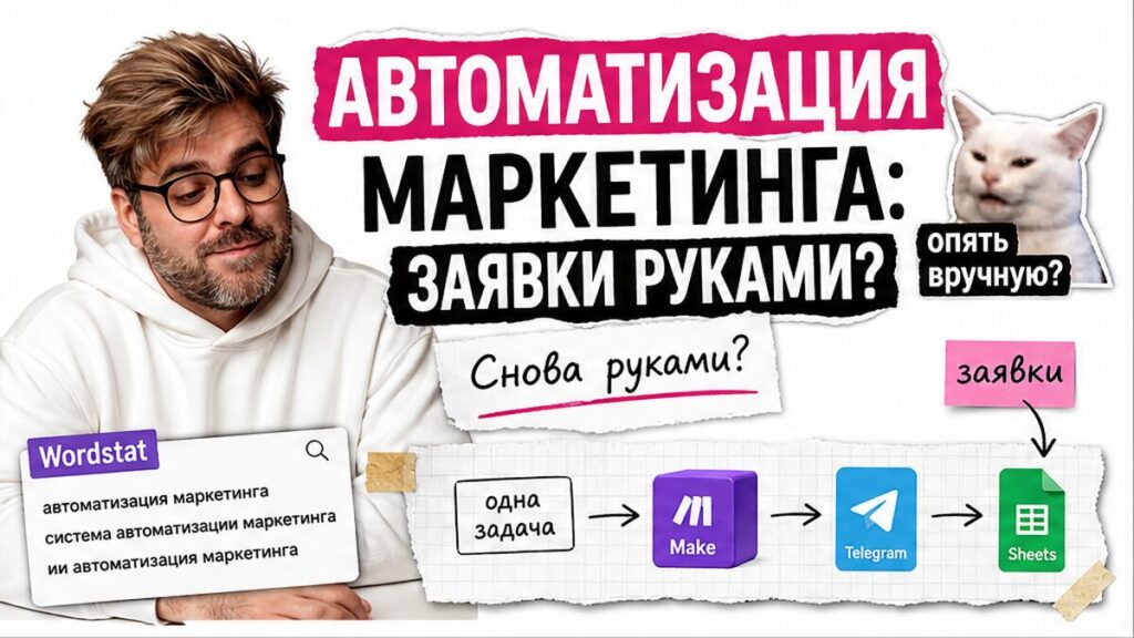 Обложка: автоматизация маркетинга — заявки руками, схема Make → Telegram