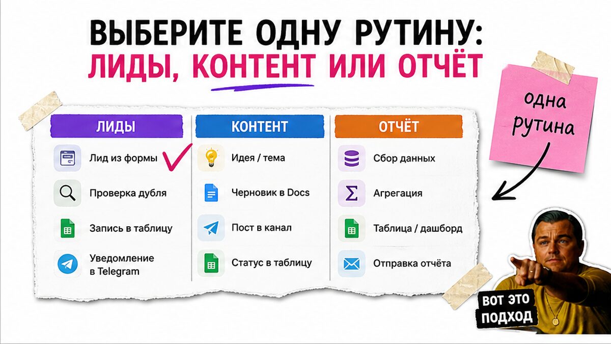 Таблица выбора одной рутины: лиды, контент или отчёт