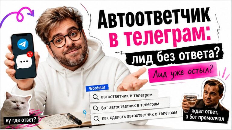 Мем-обложка: автоответчик в телеграм — лид без ответа, герой в белом худи