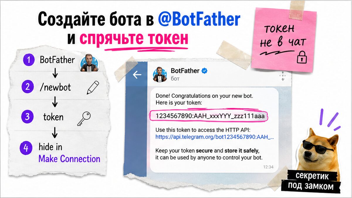Схема: создать бота в BotFather и спрятать токен в Make