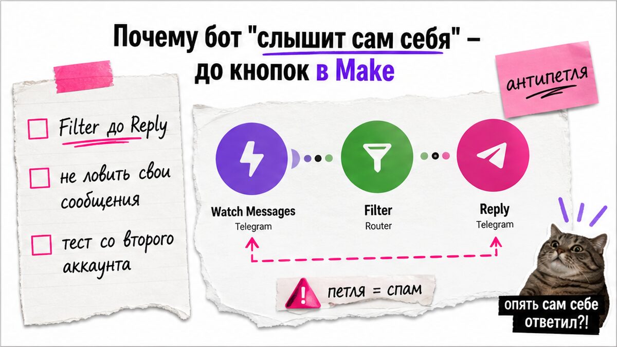 Чеклист антипетли: бот не слышит сам себя до кнопок Make