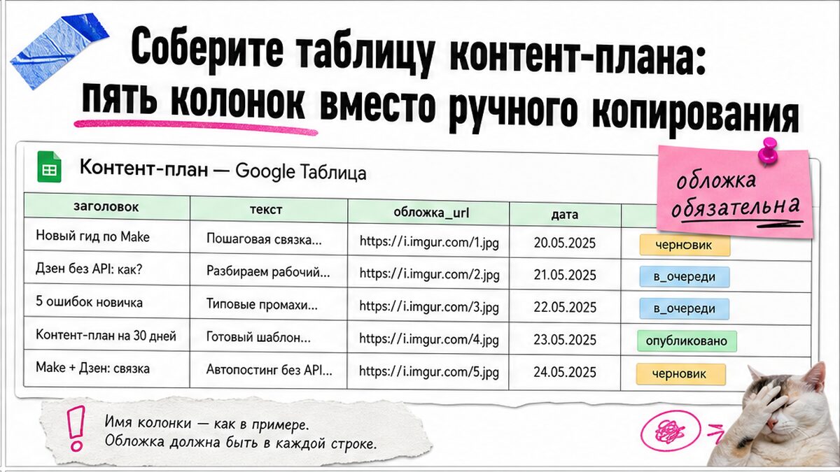 Мокап Google Таблицы контент-плана: пять колонок для автопостинга в Дзен