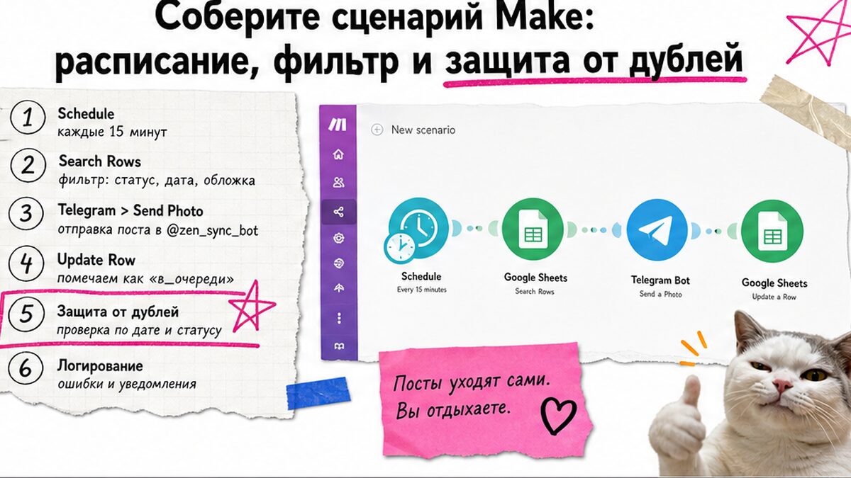 Чеклист сборки сценария Make: расписание, фильтры и защита от дублей