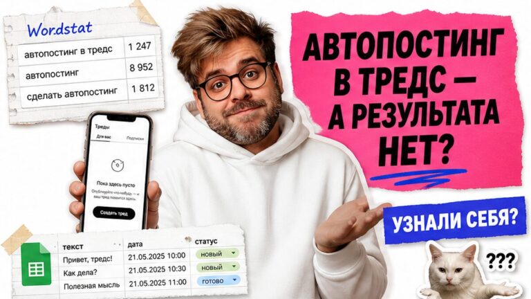 Мем-обложка: автопостинг в тредс без результата — герой в белом худи у телефона Threads и таблицы Sheets