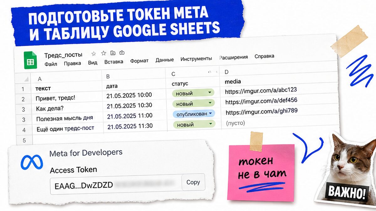 Скрин таблицы Google Sheets и карточки токена Meta для автопостинга в Threads