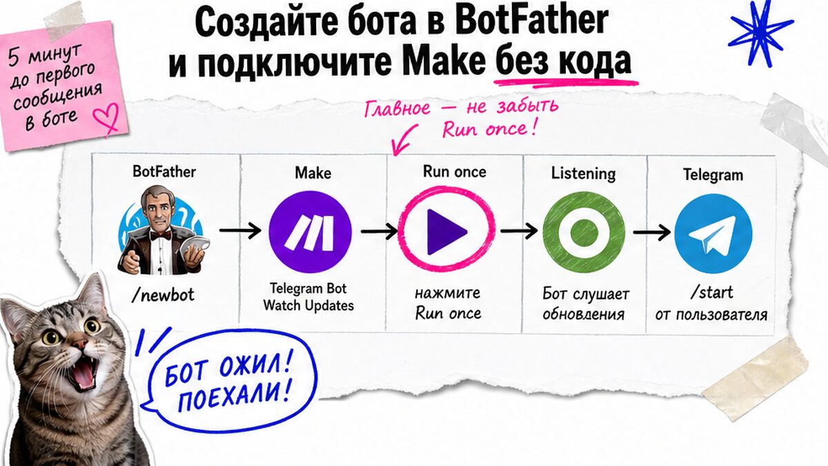 Workflow подключения бота: BotFather, Make Watch Updates и Run once