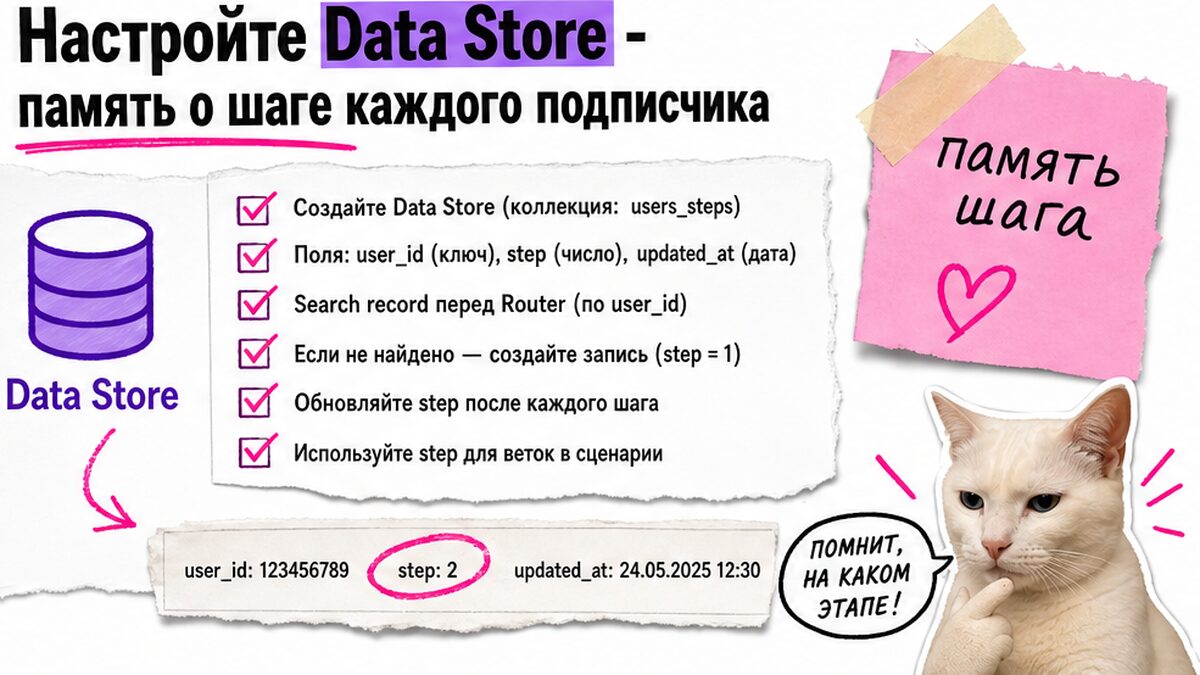Чеклист настройки Data Store: память шага подписчика в Make