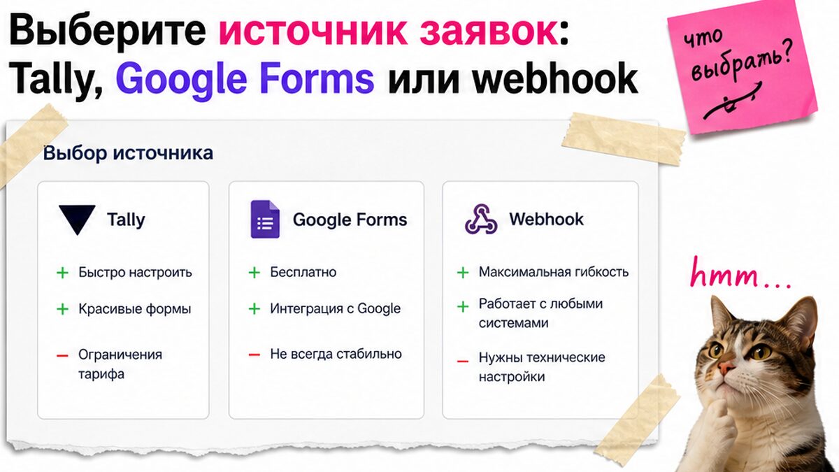Сравнение источников заявок: Tally, Google Forms и webhook для интеграции с Make