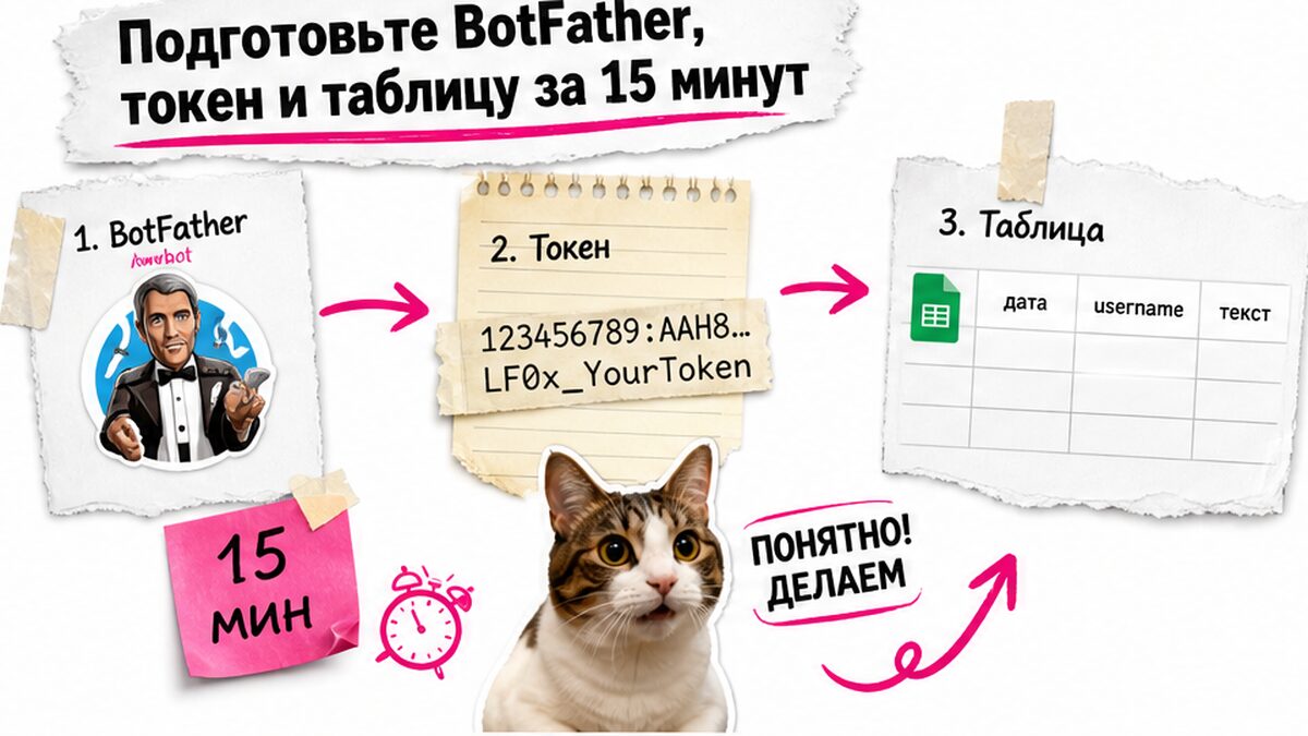 Схема подготовки: BotFather, токен и колонки Google Sheets за 15 минут
