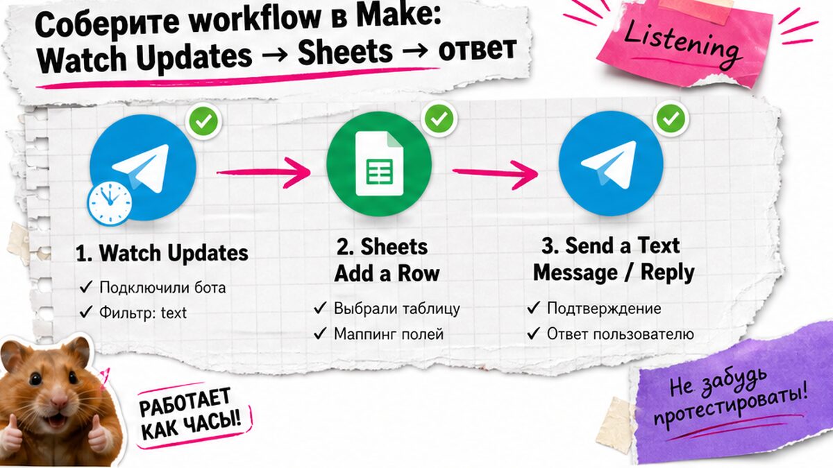 Чеклист сценария Make: Watch Updates, Google Sheets и ответ клиенту