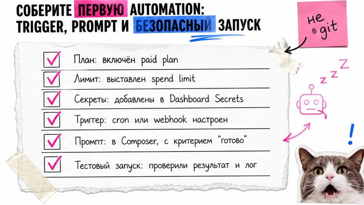Чеклист первой Automation: trigger, prompt, secrets и безопасный запуск