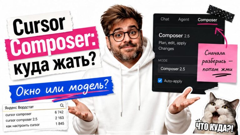 Мем-обложка: Cursor Composer — куда жать маркетологу, окно или модель