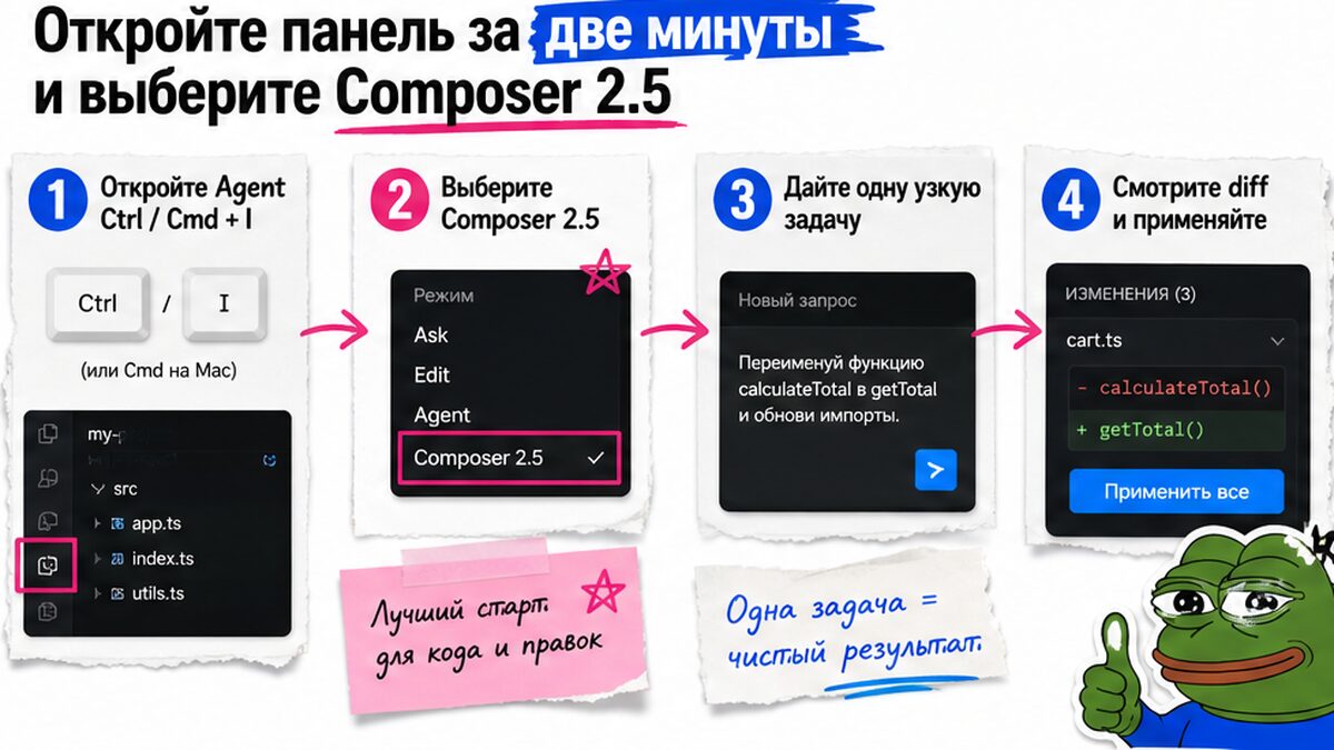 Схема: открыть Agent, выбрать Composer 2.5, одна задача, diff