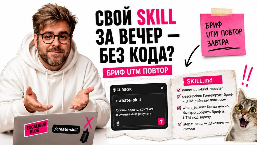 Герой в белом худи рядом с окном Cursor /create-skill и карточкой SKILL.md; стикеры бриф, UTM, повтор завтра