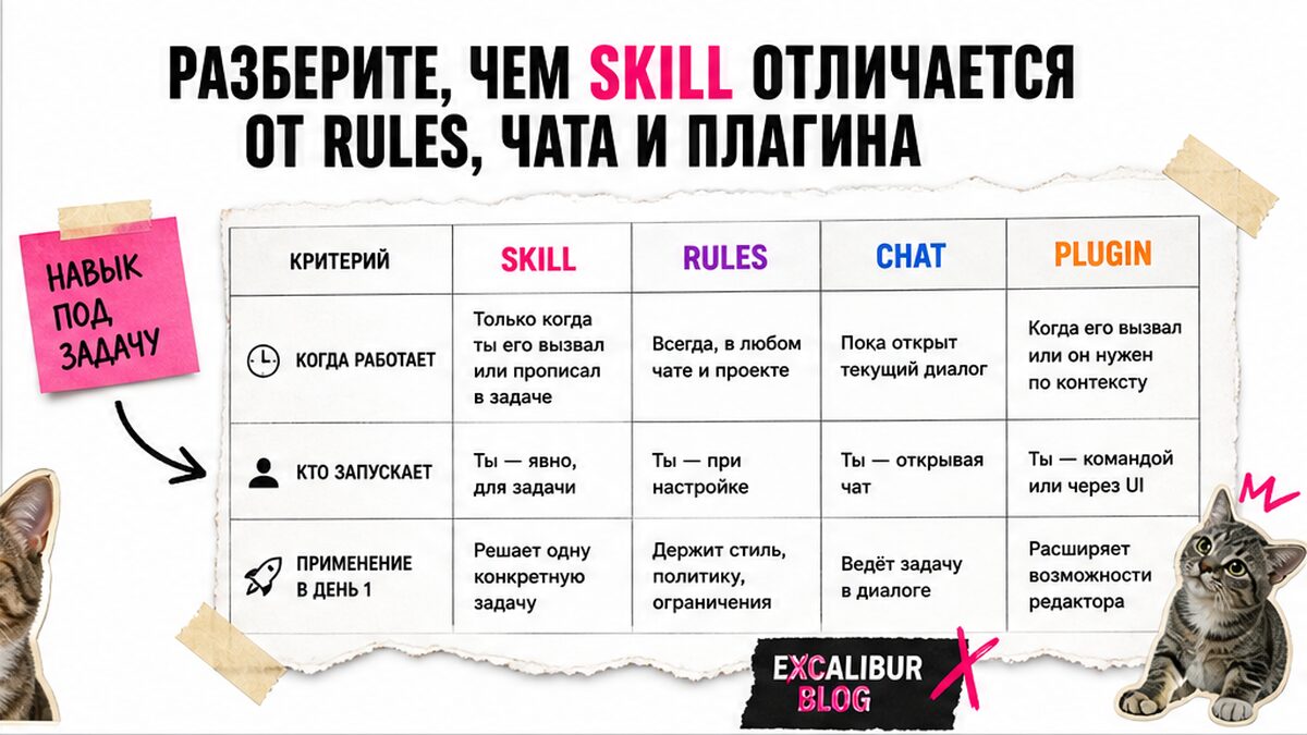 Сравнительная таблица: Skill, Rules, чат и плагин в Cursor