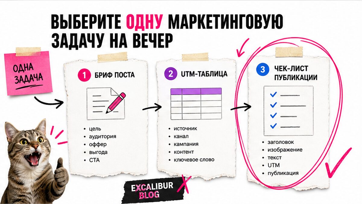Схема выбора одной маркетинговой задачи: бриф, UTM или чек-лист