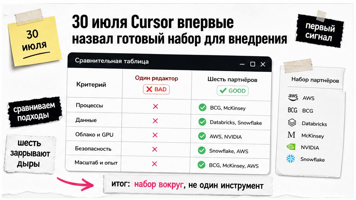 Схема: анонс Cursor Benchmark Partners — шесть партнёров вместо одного редактора