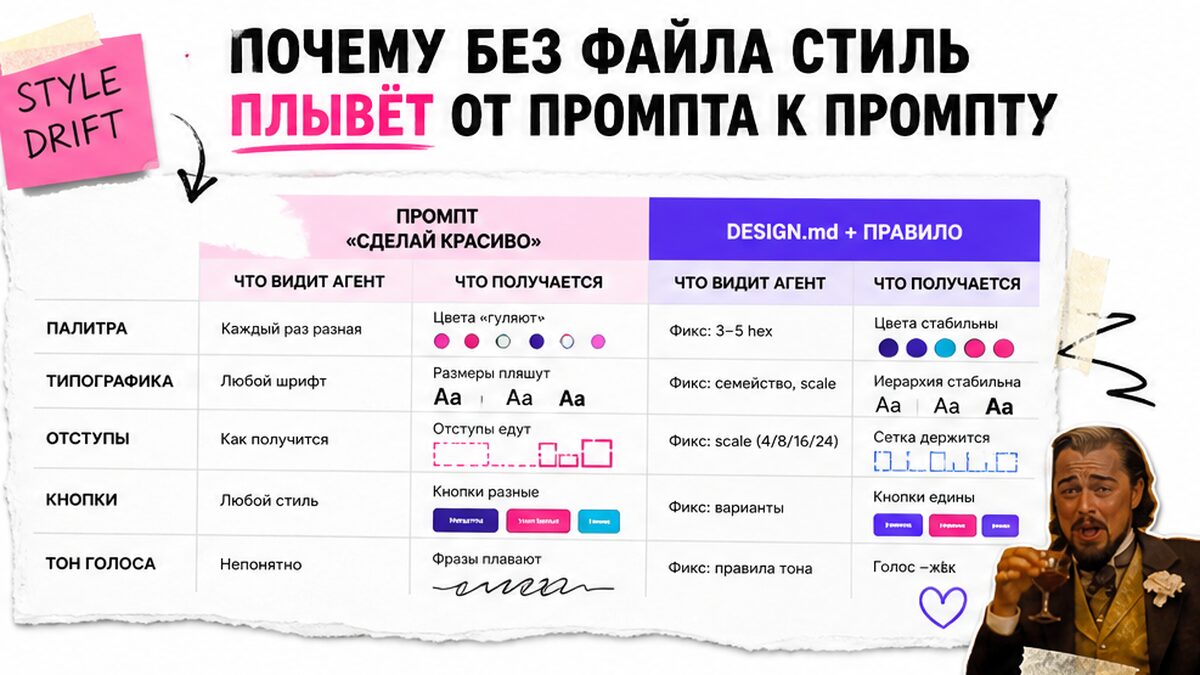 Таблица: промпт без файла против DESIGN.md — почему стиль плывёт от промпта к промпту