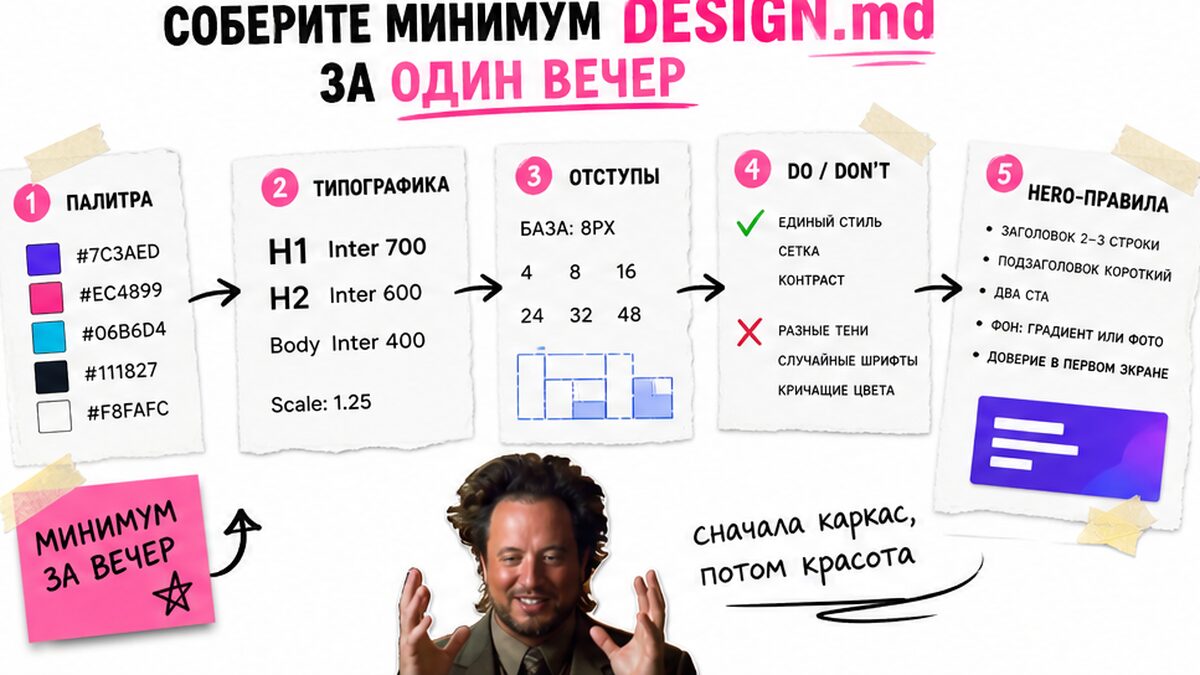 Схема минимума DESIGN.md: палитра, шрифты, отступы, do/don't, hero