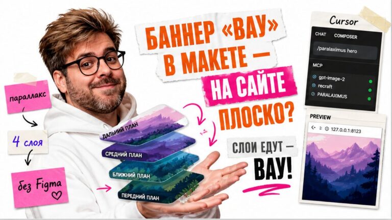 Маркетолог в белом худи показывает слоёный параллакс Hero: атлас 2×2, стикеры «параллакс» и «4 слоя», Cursor на экране