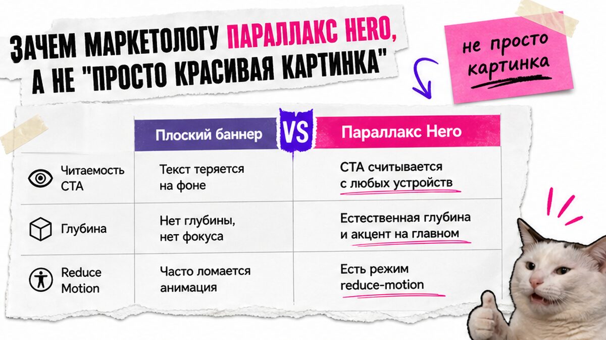 Сравнение: плоский баннер против слоёного параллакс Hero — читаемость CTA и глубина