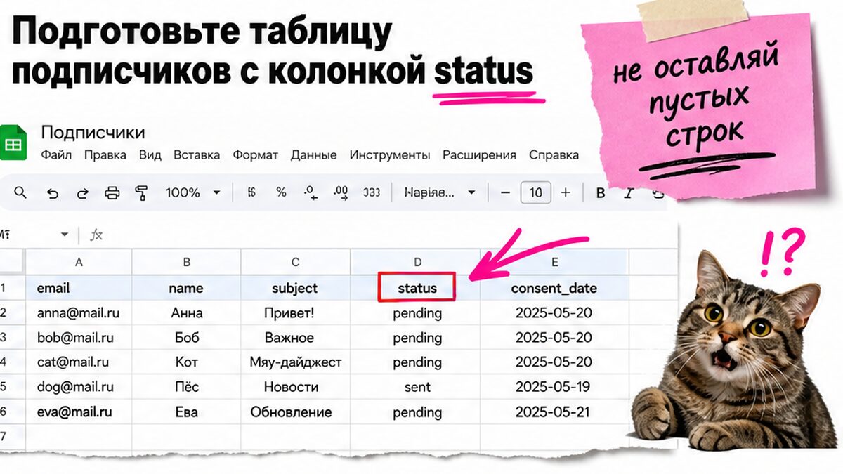 Мокап Google Таблицы с колонкой status для подписчиков email-рассылки