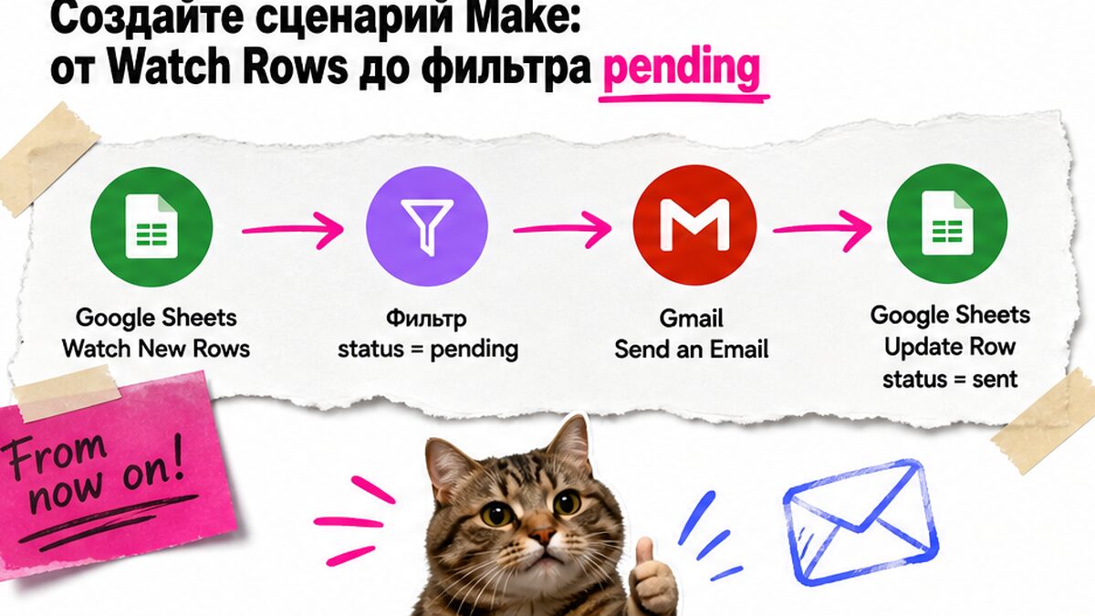 Схема сценария Make: Watch Rows, фильтр pending, Gmail и Update Row