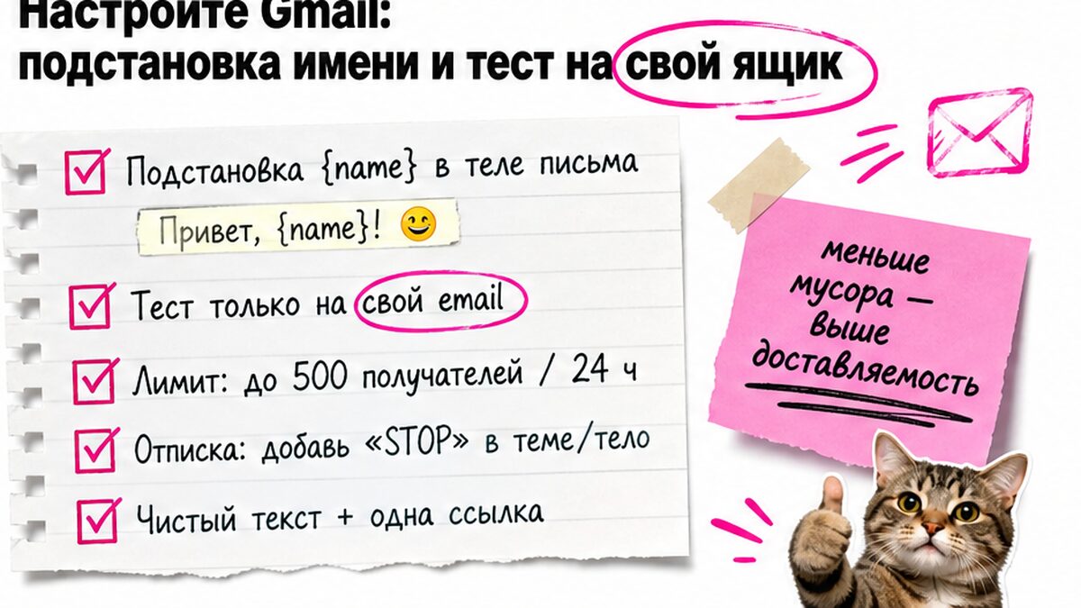Чеклист настройки Gmail: подстановка имени и тест на свой ящик перед рассылкой