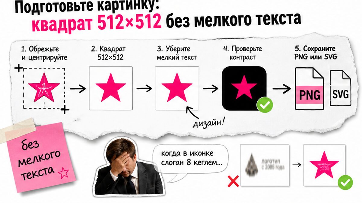 Схема подготовки квадрата 512×512 для фавикона без мелкого текста
