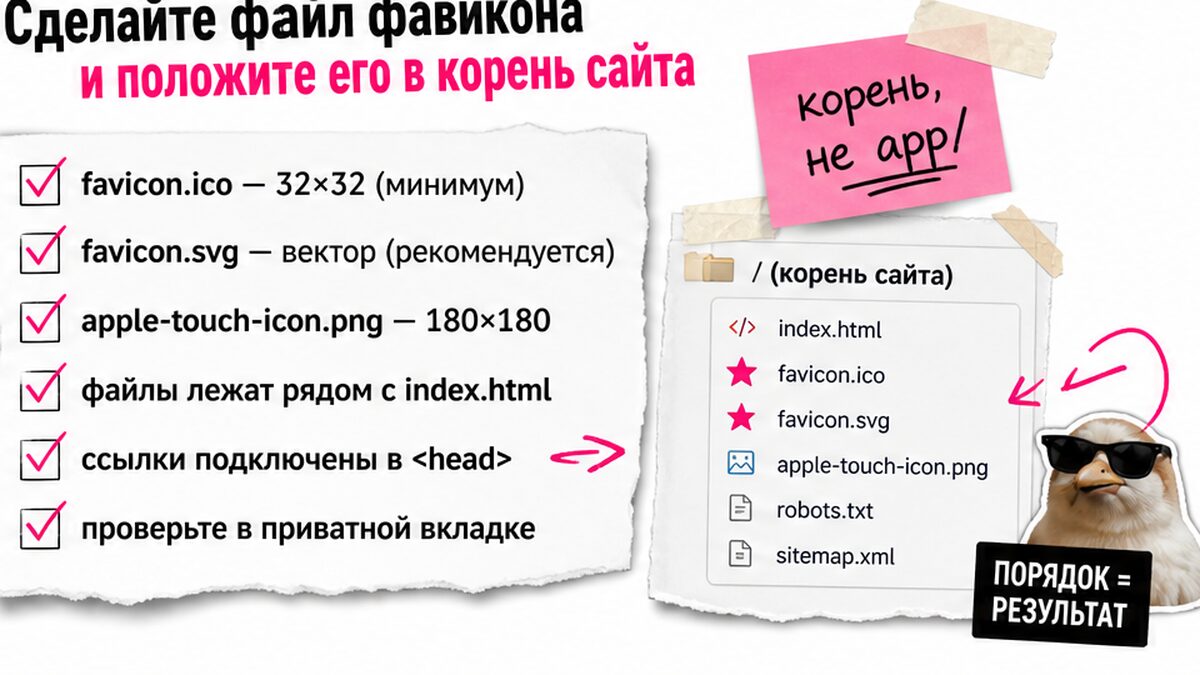 Чеклист файлов фавикона в корне сайта рядом с index.html