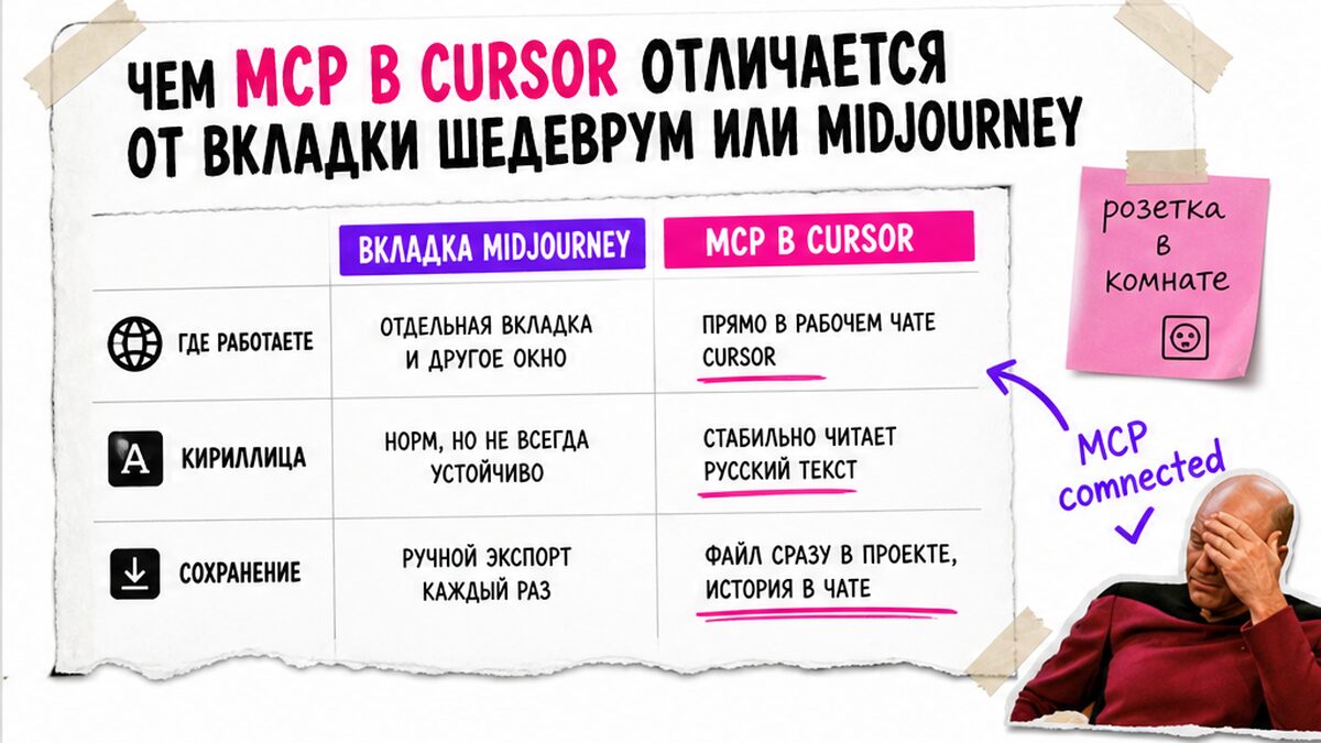 Сравнение вкладки Midjourney и MCP в Cursor: где работаете, кириллица, сохранение файла