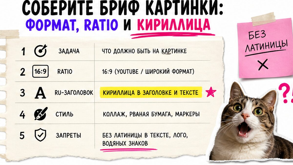 Чеклист брифа картинки: формат, ratio 16:9 и кириллица на кадре