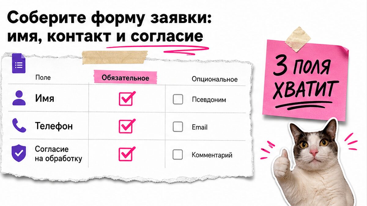 Таблица полей Google Формы: имя, контакт и согласие на обработку данных