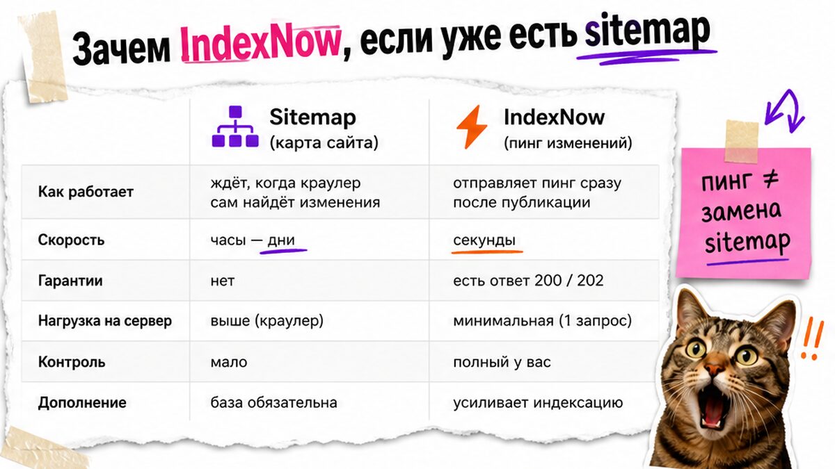 Таблица сравнения sitemap и IndexNow: ожидание краулера против мгновенного пинга