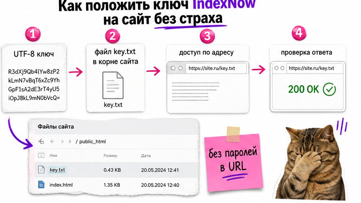 Схема: создать ключ IndexNow, положить .txt в корень и проверить HTTP 200