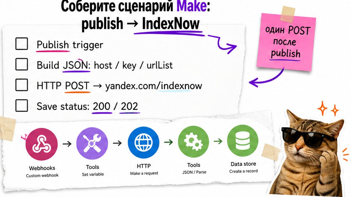 Чеклист сценария Make: publish → JSON → POST IndexNow → коды 200/202