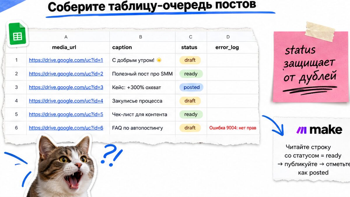 Workflow таблицы-очереди: media_url, caption, status и error_log для Make