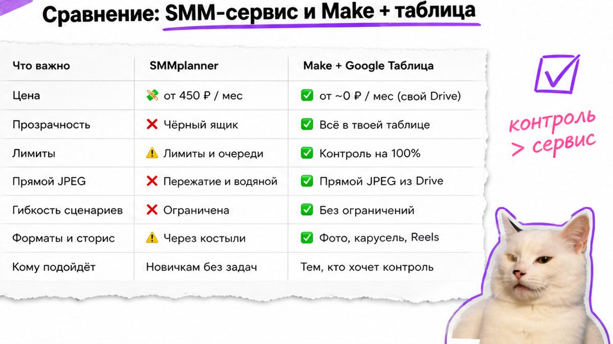 Чеклист сравнения SMM-сервиса и Make с Google Таблицей