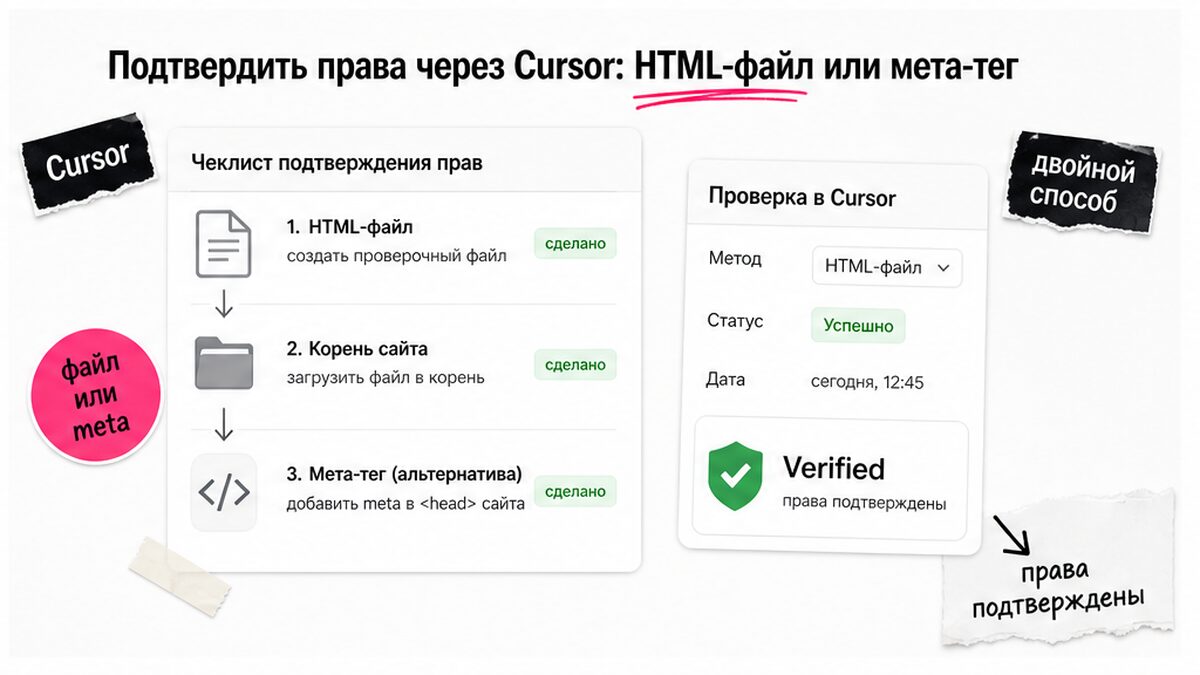 Чеклист подтверждения прав: HTML-файл или мета-тег через Cursor