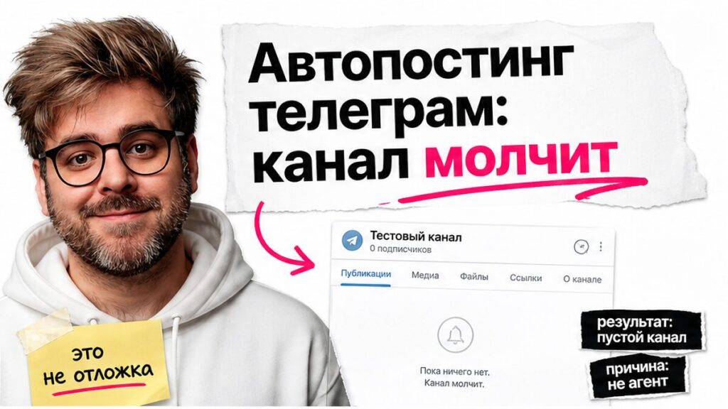 Ведущий в белом худи рядом с карточкой молчащего Telegram-канала и хуком про автопостинг